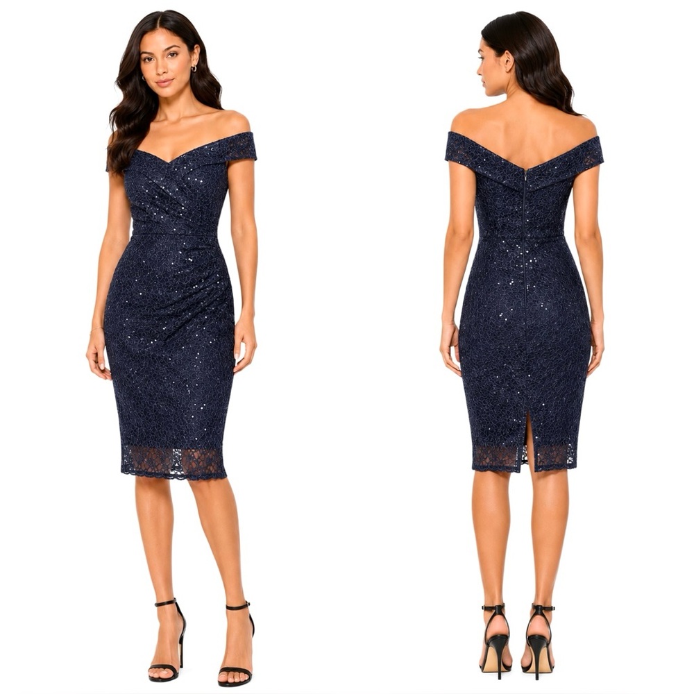 Marina Navy Gray Sequin Lace Off Shoulder Sheath Dress Size 8 NWT